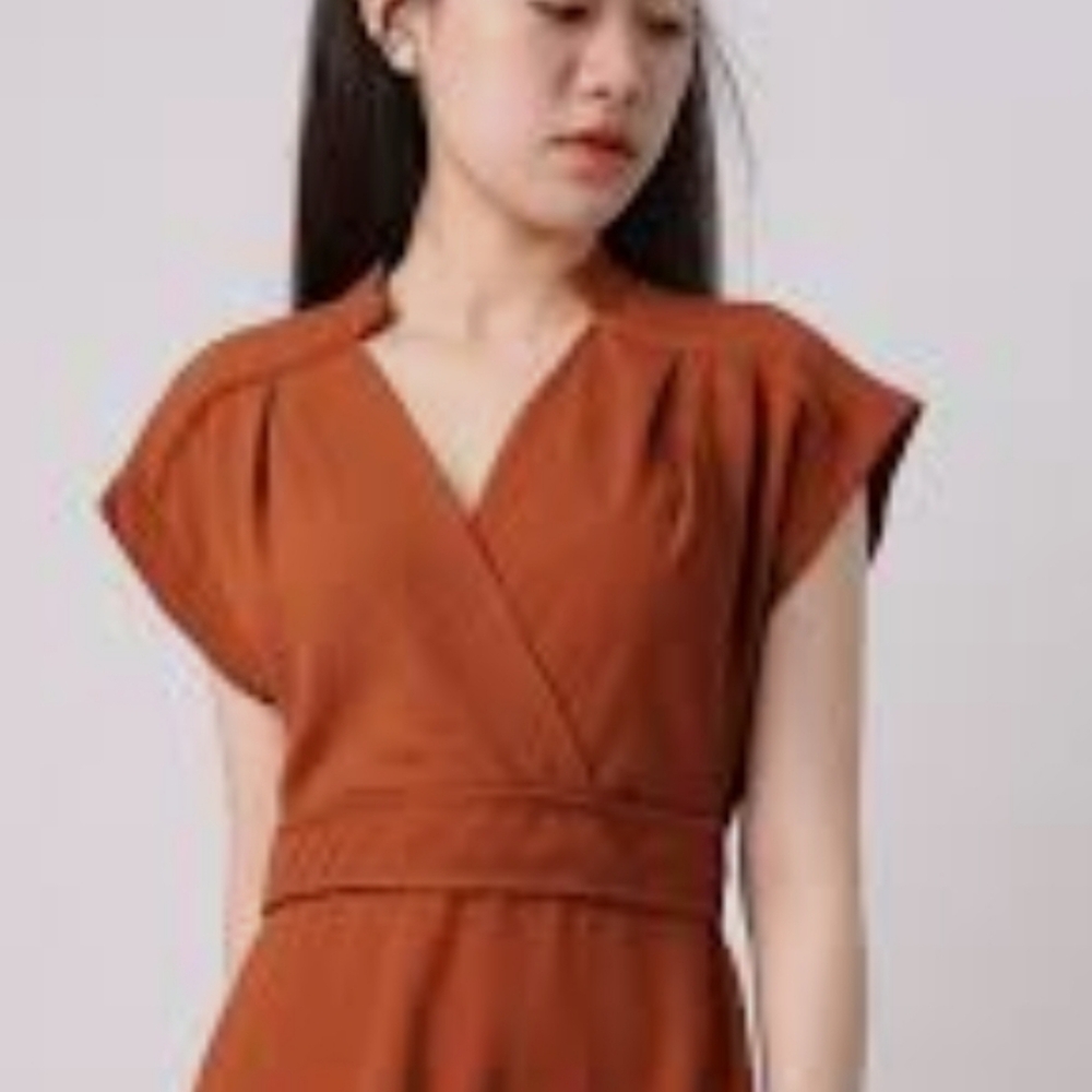 Monteau Brown Fitted Peplum Blouse with Mandarin Collar